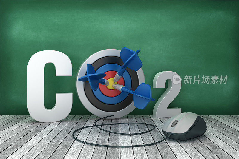 3D字CO2与目标和电脑鼠标在黑板背景- 3D渲染